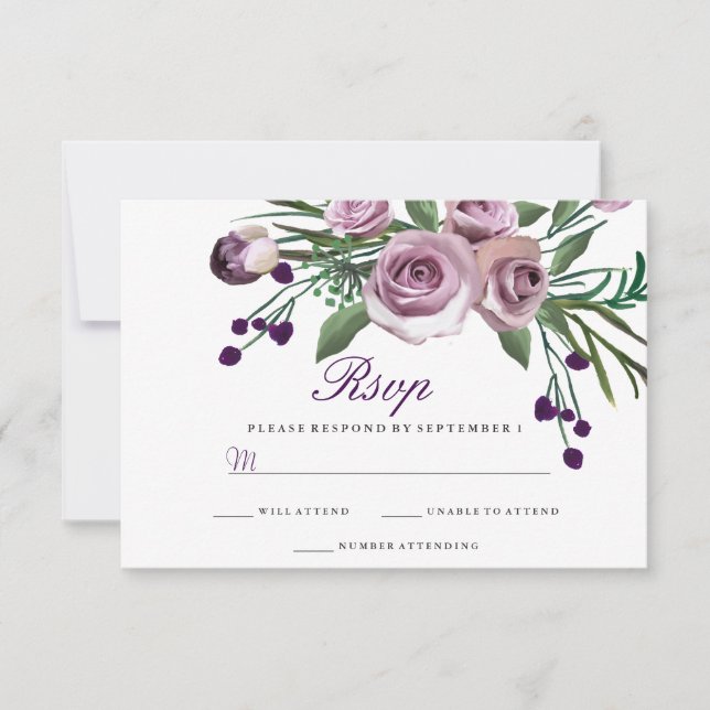 Elegant Purple Rose Floral Wedding RSVP (Front)