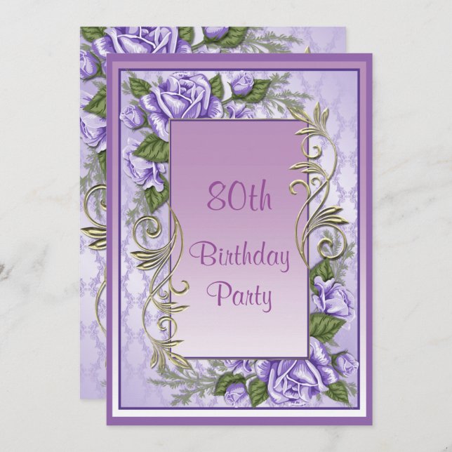 Elegant Purple Rose Framed 80th Birthday Invitation (Front/Back)