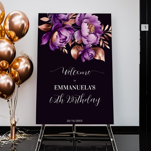 Elegant purple rose gold birthday welcome sign