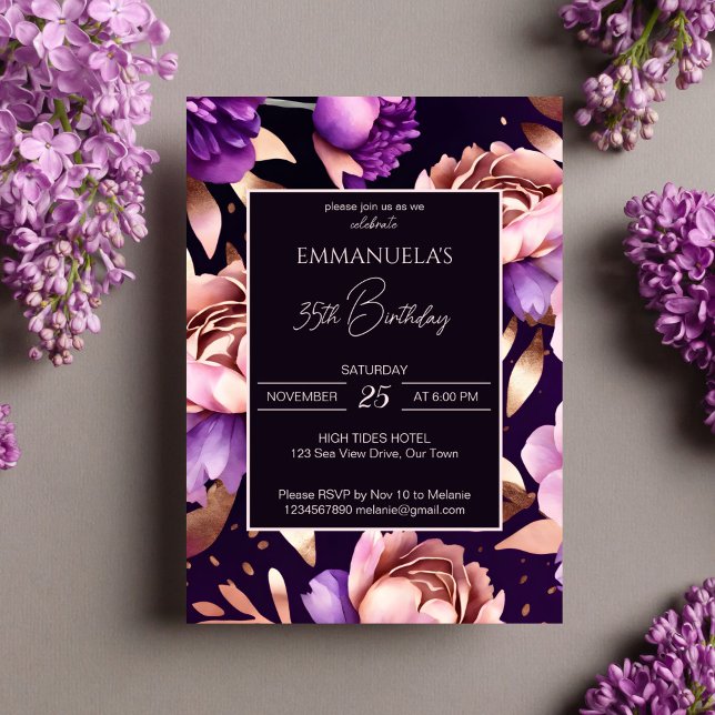 Elegant purple rose gold floral birthday template (Elegant purple rose gold peonies floral birthday editable template invitation digital download)