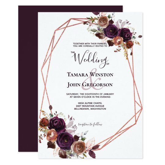 Elegant Purple Rose Gold Floral Geometric Wedding Invitation | Zazzle.com