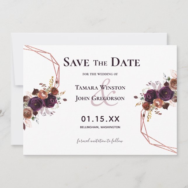 Elegant Purple Rose Gold Floral Geometric Wedding Save The Date (Front)