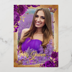 Elegant Purple Rose Gold Floral Photo Quinceanera Foil Invitation