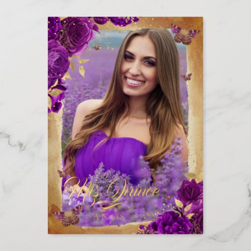 Elegant Purple Rose Gold Floral Photo Quinceanera  Foil Invitation