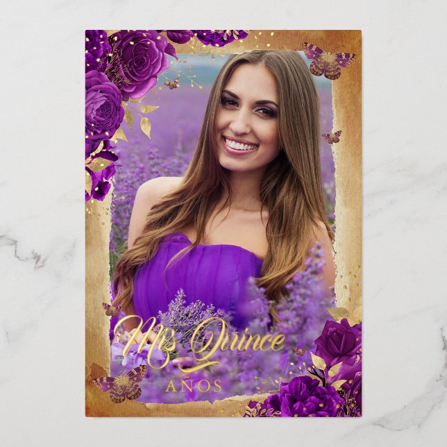 Elegant Purple Rose Gold Floral Photo Quinceanera  Foil Invitation (Front)
