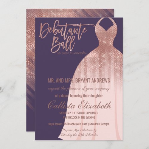 Elegant Purple Rose Gold Glitter Dress Debutante Invitation