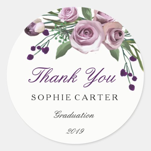 Elegant Purple Rose Graduation Thank you Sticker