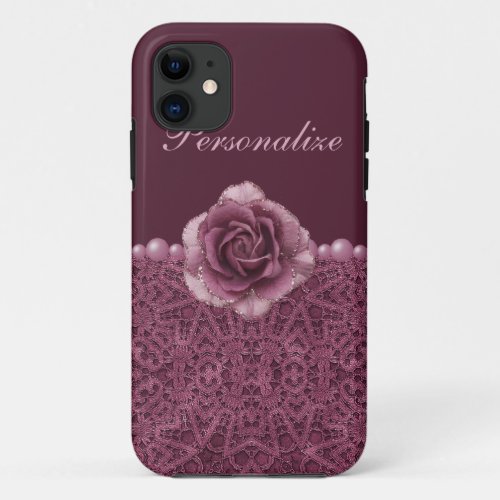 Elegant Purple Rose Lace  Pearls iPhone 11 Case