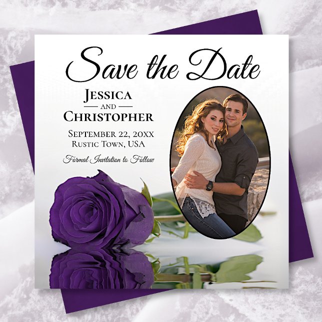 Elegant Purple Rose on white w/ Oval Photo Wedding Save The Date (Creator Uploaded)