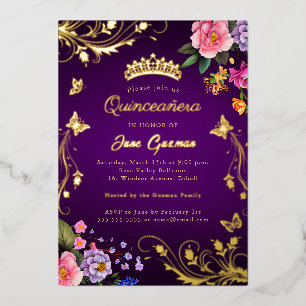 Elegant Purple Rose Swirl Gold Quinceañera Foil Invitation