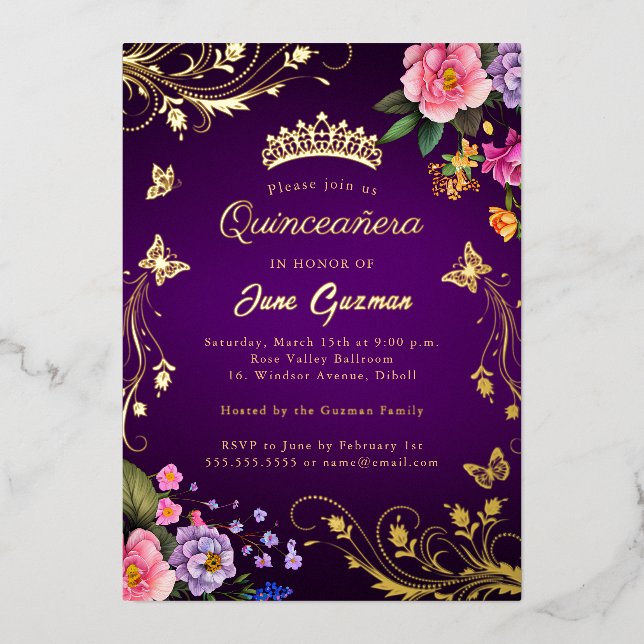 Elegant Purple Rose Swirl Gold Quinceañera Foil Invitation (Front)