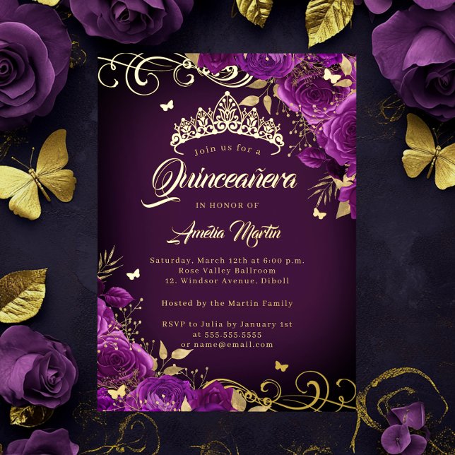 Elegant Purple Rose Swirl Gold Quinceanera   Foil Invitation (Creator Uploaded)