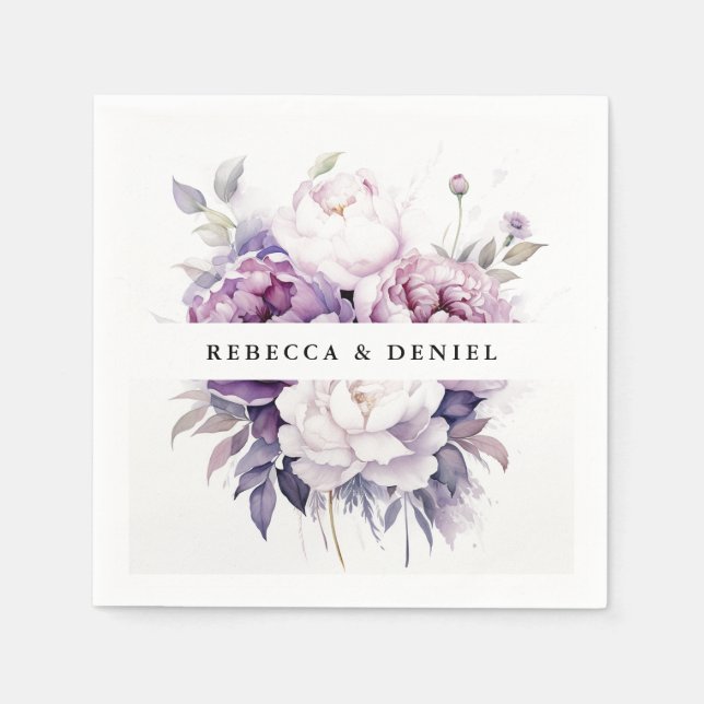 Elegant Purple Rose Watercolor Floral Wedding Napkins (Front)