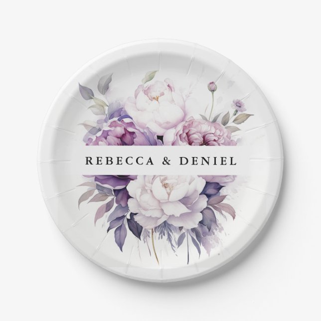 Elegant Purple Rose Watercolor Floral Wedding Paper Plates (Front)