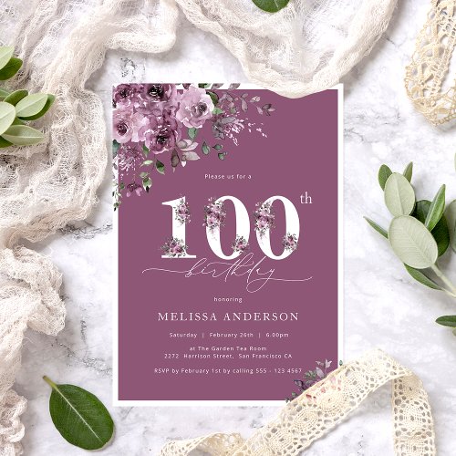 Elegant Purple Roses 100th Birthday Party Invitation