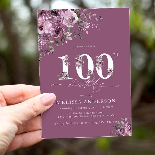 Elegant Purple Roses 100th Birthday Party Invitation