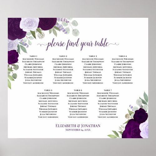 Elegant Purple Roses 7 Table Wedding Seating Chart