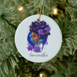 Elegant Purple Roses Afro Woman Ceramic Ornament