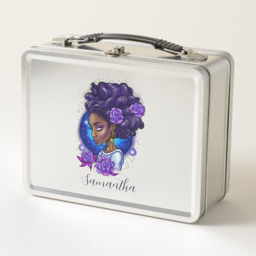 Elegant Purple Roses Afro Woman Metal Lunch Box