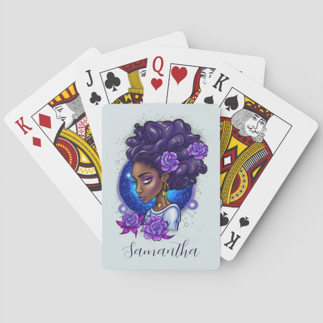 Elegant Purple Roses Afro Woman Poker Cards (Back)