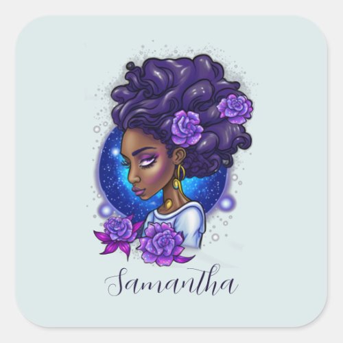 Elegant Purple Roses Afro Woman Square Sticker