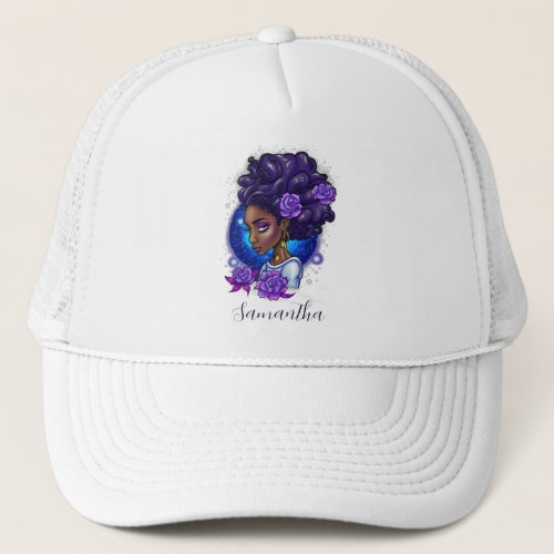 Elegant Purple Roses Afro Woman Trucker Hat