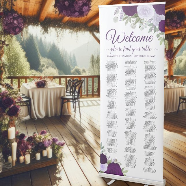 Elegant Purple Roses Alphabetical Seating Chart Retractable Banner (Creator Uploaded)