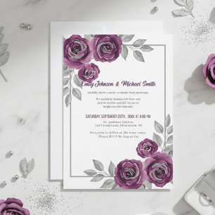 Elegant Purple Roses and Silver Glitter Wedding Foil Invitation