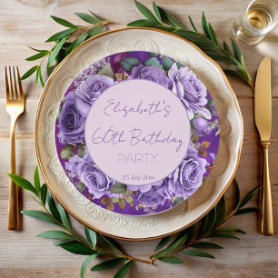 Elegant purple roses birthday party monogrammed paper plates