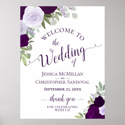 Elegant Purple Roses Boho Chic Wedding Welcome Poster