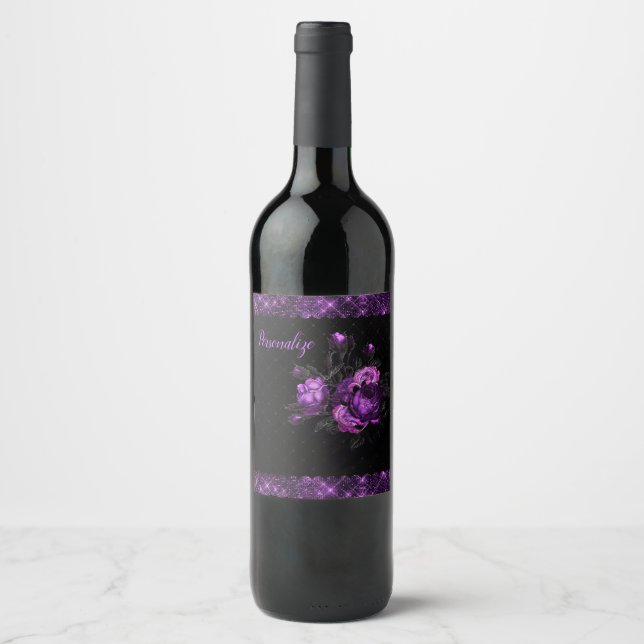 Elegant Purple Roses & Border on Black Personalize Wine Label (Front)