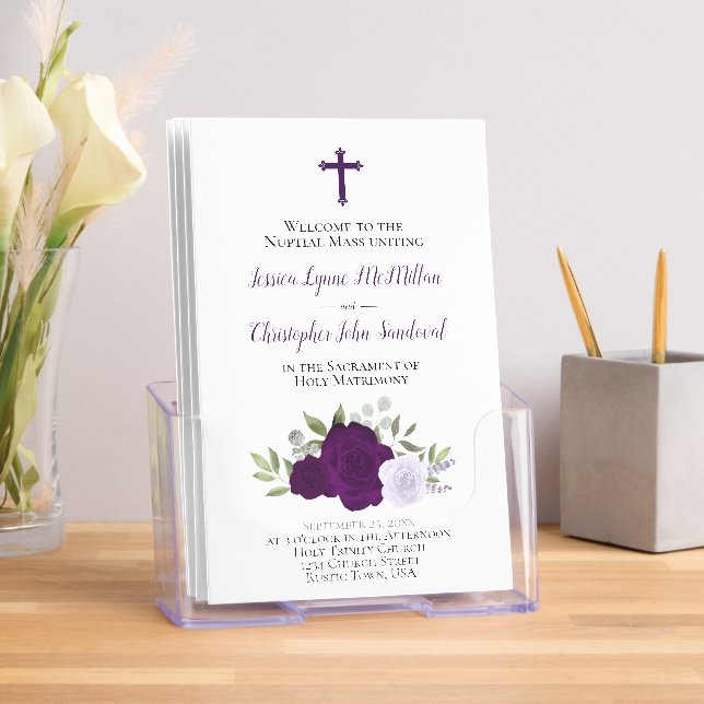 Elegant Purple Roses Catholic Wedding Program Brochure (Insitu)