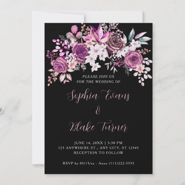 Elegant Purple Roses Floral Black Wedding Invitation (Front)
