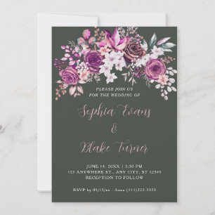 Elegant Purple Roses Floral Dark Green Wedding Invitation