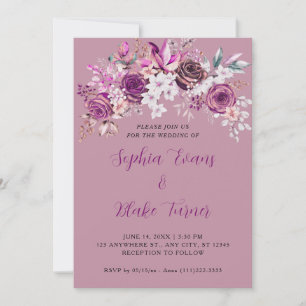 Elegant Purple Roses Floral Dusty Pink Wedding Invitation