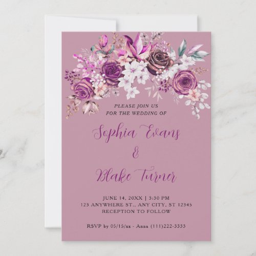 Elegant Purple Roses Floral Dusty Pink Wedding Invitation