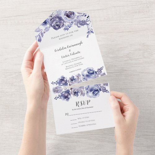 Elegant Purple Roses Floral Evening Winter Wedding All In One Invitation