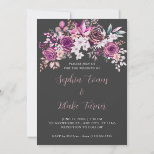Elegant Purple Roses Floral Shadow Gray Wedding Invitation