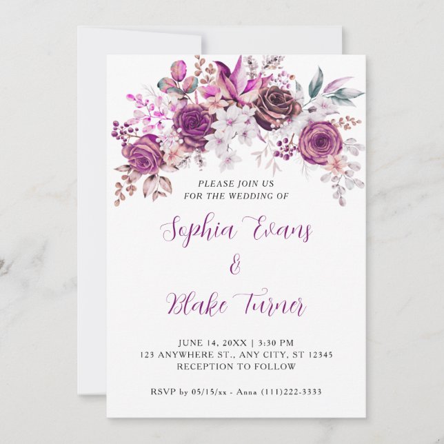 Elegant Purple Roses Floral White Wedding Invitation (Front)