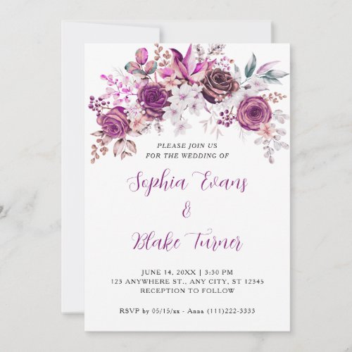 Elegant Purple Roses Floral White Wedding Invitation