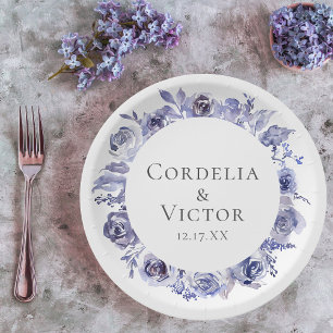Elegant Purple Roses Floral Winter Evening Wedding Paper Plates