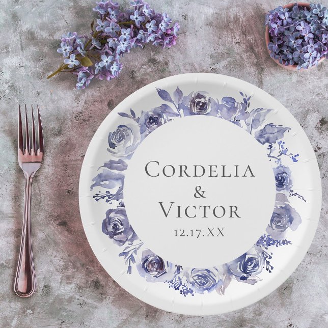 Elegant Purple Roses Floral Winter Evening Wedding Paper Plates (Creator Uploaded)