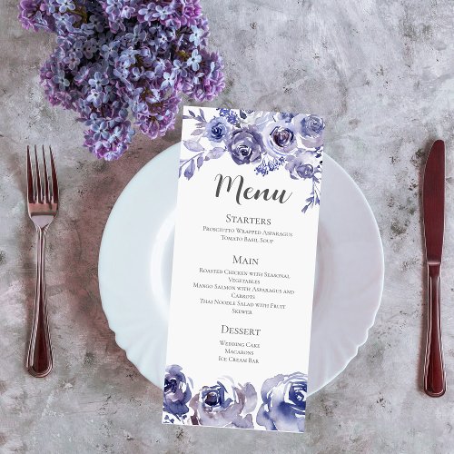 Elegant Purple Roses Floral Winter Wedding Dinner Menu