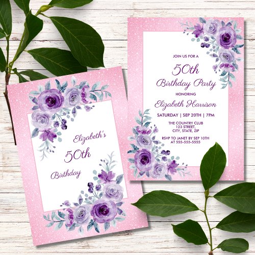 Elegant Purple Roses Glitter Pink Floral Birthday  Invitation