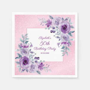 Elegant Purple Roses Glitter Pink Floral Birthday Napkins