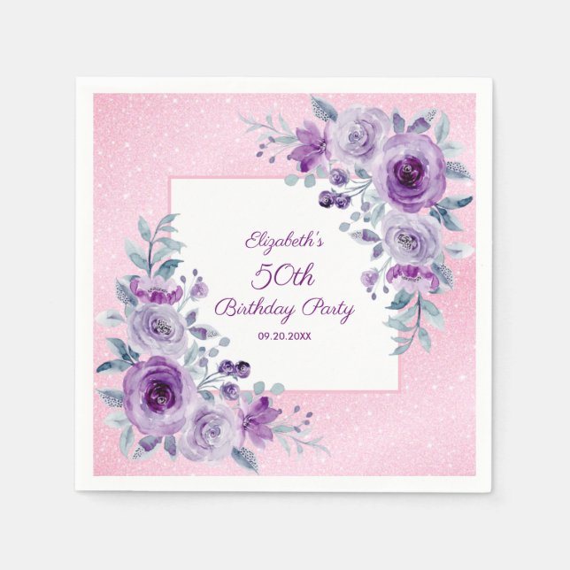 Elegant Purple Roses Glitter Pink Floral Birthday  Napkins (Front)