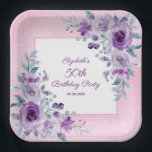 Elegant Purple Roses Glitter Pink Floral Birthday  Paper Plates<br><div class="desc">Elegant watercolor purple roses flowers and vibrant typography on glitter pink background birthday paper plate.
Perfect party supplies for floral-themed birthday celebrations.</div>