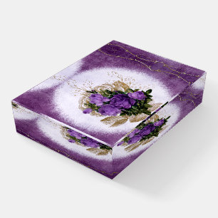 Elegant Purple Roses Gold Border Home Office Desk Paperweight