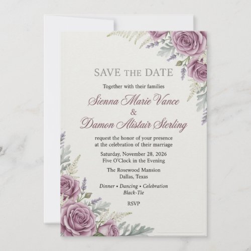 Elegant Purple Roses & Lavender Save the Date Invitation