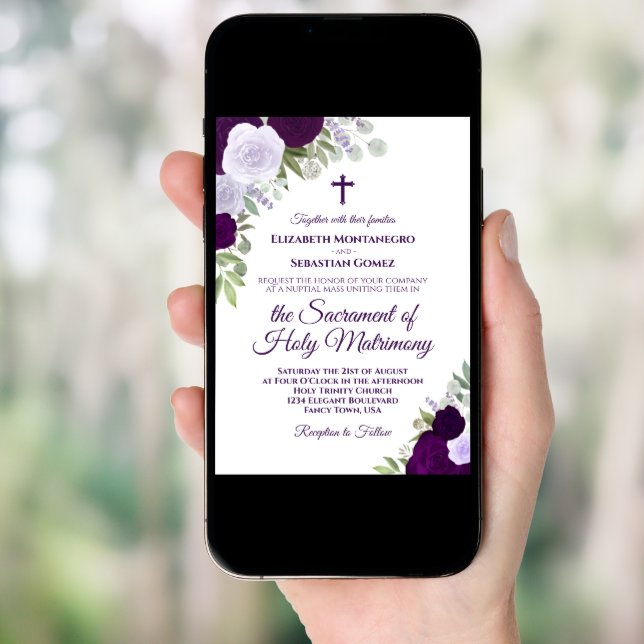 Elegant Purple Roses Modern Catholic Wedding Invitation (Front Digital)